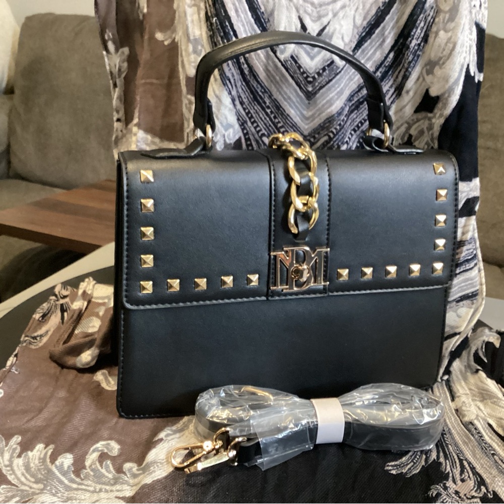 Badgley Mischka Black and Gold Studded Shoulder Bag in Vegan Leather